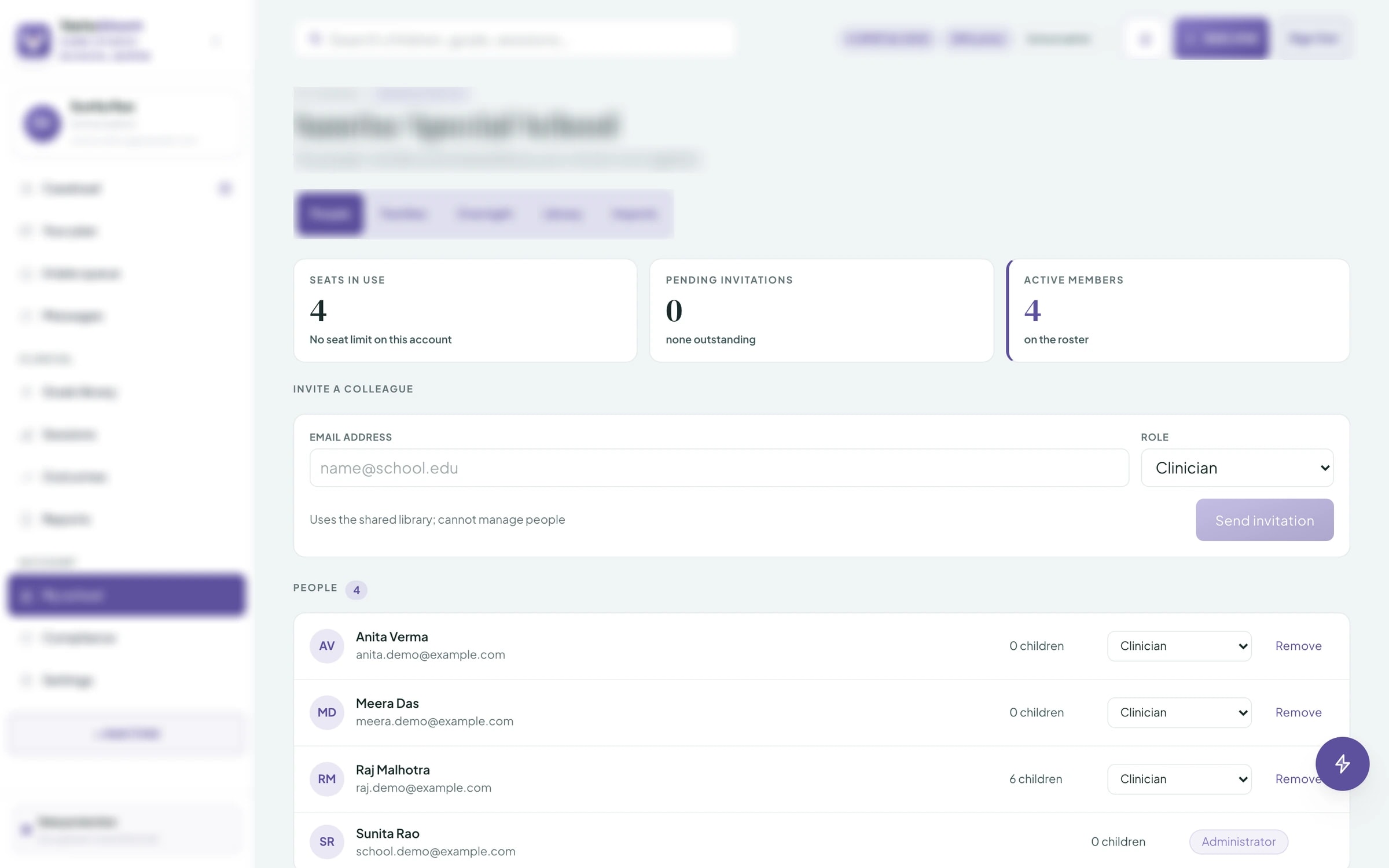 School portal — clinician roster and seats